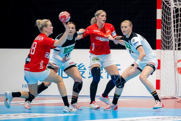 Handball, Women WM 2019, Preliminary Round, Group B, 3 Matchday , Denmark Germany by Stine Jorgensen Denmark , Julia Behnke Germany Rostov Don , Sarah Iversen Denmark , Kim Naidzinavicius Germany Bietigheim Kumamoto Kumamoto Prefectural Gymnasium Kumamoto Japan