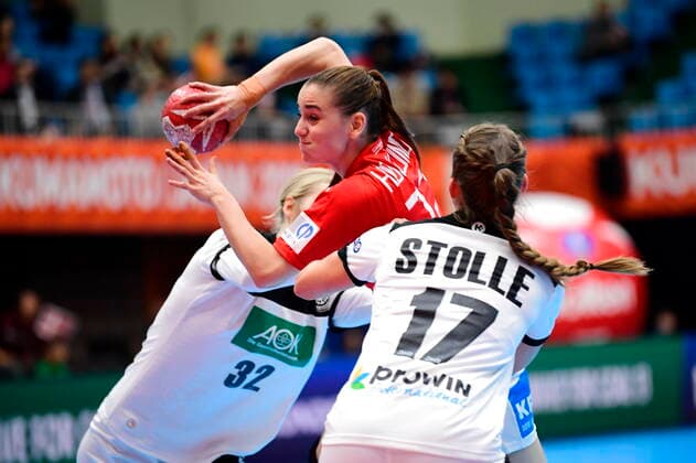 Mie Hoejlund in action when Denmark meets Germany, in the preliminary round in Group B, during the Womens Handball World Cup at Kumamoto Prefectural Gymnasium in Japan, Tuesday, December 3, 2019, Kumamoto Denmark,  Copyright: BoxAmstrupx COP222 spdk20191203-135502-L