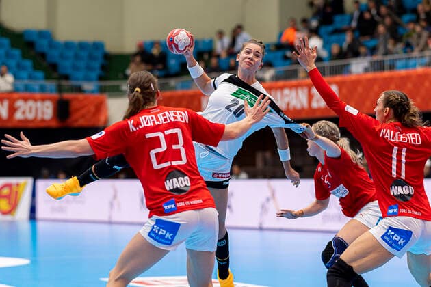 Handball, Women WM 2019, Preliminary Round, Group B, 3 Matchday , Denmark Germany by Kristina Jorgensen Denmark , Emily Boelk Bölk Germany Thueringer HC , Sarah Iversen Denmark , Line Haugsted Denmark Kumamoto Kumamoto Prefectural Gymnasium Kumamoto Japan