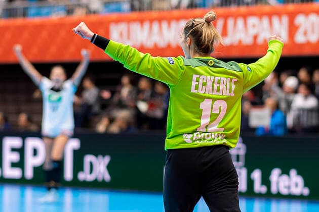 Handball, Women WM 2019, preliminary round, Group B, 3 matchday , Denmark Germany Goalkeeper Dinah Eckerle Germany SG BBM Bietigheim Jubel Freude Emotion Kumamoto Kumamoto Prefectural Gymnasium Kumamoto Japan