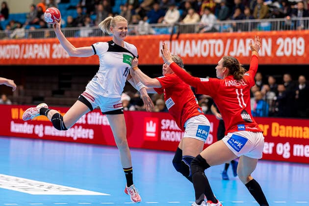 Handball, Women WM 2019, Preliminary Round, Group B, 3 Matchday , Denmark Germany by Kim Naidzinavicius Germany Bietigheim , Sarah Iversen Denmark , Line Haugsted Denmark Kumamoto Kumamoto Prefectural Gymnasium Kumamoto Japan