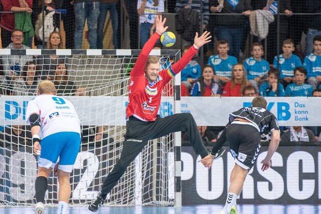Goalkeeper Johannes Jogi Bitter TVB 1898 Stuttgart and Niclas Ekberg THW Kiel Germany, Stuttgart, 03 12 2019, HaBa, DHB Cup, Quarterfinals TVB 1898 Stuttgart vs. THW Kiel, SCHARRena