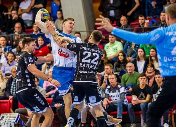 Loenn, Adam TVB Stuttgart 11 Ole Rahmel, THW Kiel 22 Harald Reinkind, THW Kiel 6 TVB 1898 Stuttgart THW Kiel DHB Cup Quarter Final HBL 1 Handball Bundesliga SCHARRrena Stuttgart Baden Wuerttemberg Germany at the match in the DHB Cup Quarter Final, TVB 1898 Stuttgart THW Kiel Stuttgart 03 12 19 Handball DHB Cup , Stuttgart Baden Wuerttemberg Germany
