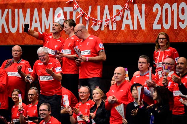 Danish fans in place as Denmark meets Brazil, in the preliminary round in Group B, during the Womens Handball World Cup at Kumamoto Prefectural Gymnasium in Japan, Wednesday, December 4, 2019, Kumamoto Denmark,  Copyright: BoxAmstrupx COP222 spdk20191204-124021-L