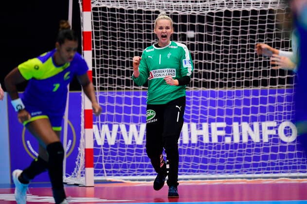 Sandra Toft cheers as Denmark meets Brazil, in the preliminary round in Group B, during the Womens Handball World Cup at Kumamoto Prefectural Gymnasium in Japan, Wednesday, December 4, 2019, Kumamoto Denmark,  Copyright: BoxAmstrupx COP222 spdk20191204-124850-L