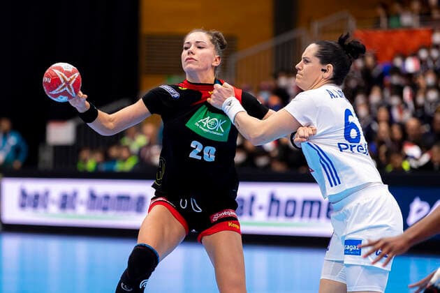 Handball, Womens World Cup 2019, preliminary round, Group B, 4 matchday , Germany France v left in duel Emily Boelk Bölk Germany Thueringer HC and Alexandra Lacrabere France Yamaga Yamaga Overall High School Kumamoto Japan