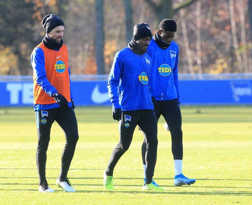 GER, 1 FBL, DFL,, Hertha BSC Training 03 12 2019, Sportpark, Berlin, GER, 1 FBL, DFL,, Hertha BSC Training, DFL, regulations prohibit any use of photographs as image sequences and or quasi video in picture Vedad Ibisevic Hertha BSC Berlin 19 , Salomon Kalou Hertha BSC Berlin 8 , Jordan Torunarigha Hertha BSC Berlin 25 nordphotox xEngler nph00076