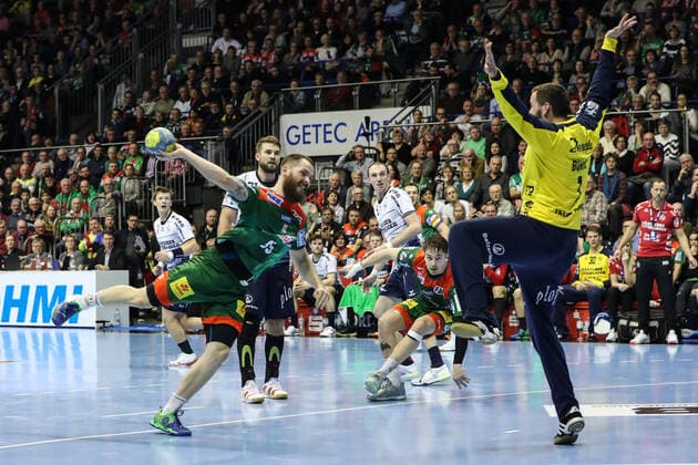 Moritz Preuss SC Magdeburg against goalkeeper Benjamin Buric SG Flensburg Handewitt Handball Bundesliga season 2019 2020 SC Magdeburg vs SG Flensburg Handewitt in the GETEC Arena in Magdeburg Action,Handball,MannMänner,Germany,05 12 2019