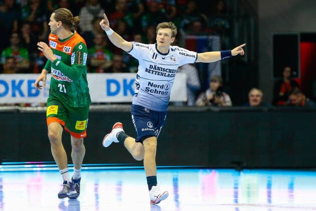 05 12 2019, xtgx, Handball Liqui Moly HBL, SC Magdeburg SG Flensburg Handewitt emspor, v lasse Svan Flensburg, 11 cheers, goal jubilation, cheers over the goal, celebrate the goal, celebration GETEC Arena