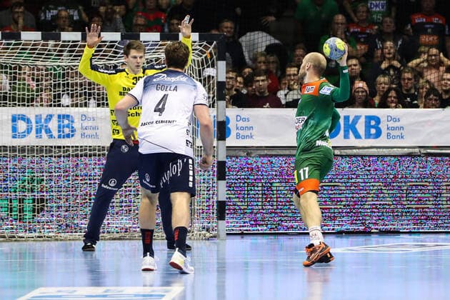 Tim Hornke SC Magdeburg scores a seven-meter throw to decide 26 25 winning goals Handball Bundesliga Season 2019 2020 SC Magdeburg vs SG Flensburg Handewitt in the GETEC Arena in Magdeburg Action,Handball,MannMänner,Germany,05 12 2019