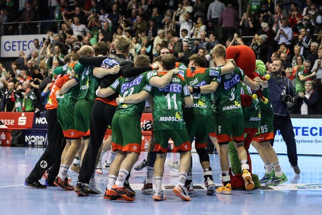 Jubilation after the victory The team of SC Magdeburg Handball Bundesliga Season 2019 2020 SC Magdeburg vs SG Flensburg Handewitt in the GETEC Arena in Magdeburg Action,Handball,MannMänner,Germany,05 12 2019