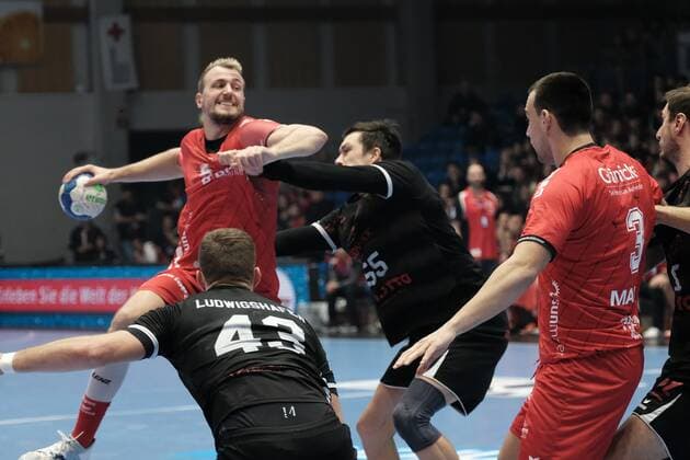 05 12 2019 xkhx Handball Bundesliga Season 2019 2020 MT Melsungen against Eulen Ludwigshafen Julius Kühn 5, MT Melsungen and Marino Maric 3, MT Melsungen against Kai Dippe and Azat Valiullin Eulen