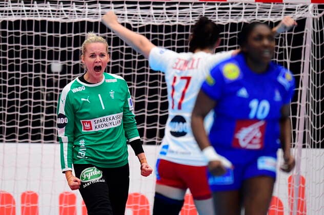 Sandra Toft saves penalty Denmark against France, in the preliminary round in Group B, during the Womens Handball World Cup at Kumamoto Prefectural Gymnasium in Japan, Friday, December 6, 2019, Kumamoto Denmark,  Copyright: BoxAmstrupx cop222 spdk20191206-123423-L