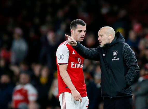 Fußball, Trainerhistorie, FC Arsenal Arsenal s Granit Xhaka with Freddie Ljungberg during the Premier League match at the Emirates Stadium, London. Picture date: 5th December 2019. Picture credit should read: David Klein Sportimage EDITORIAL USE ONLY. No use with unauthorised audio, video, data, fixture lists, club league logos or live services. Online in-match use limited to 120 images, no video emulation. No use in betting, games or single club league player publications. SPI-0352-0053