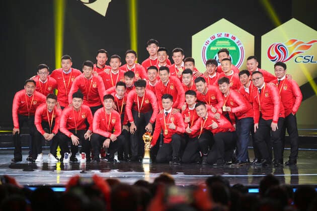 SHANGHAI, CHINA - DECEMBER 07: Footballers of Chinese Super League (CSL) Champion Guangzhou Evergrande pose with trophy on the stage during 2019 Ping An Chinese Football Association Super League Award Ceremony on December 7, 2019 in Shanghai, China.  Copyright: xVCGx CFP111262650919 