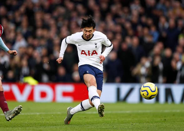 7th December 2019; Tottenham Hotspur Stadium, London, England; English Premier League Football, Tottenham Hotspur versus Burnley; Son Heung-Min of Tottenham Hotspur shoots to score his sides 3rd goal in the 32nd minute to make it 3-0 - Strictly Editorial Use Only. No use with unauthorized audio, video, data, fixture lists, club league logos or live services. Online in-match use limited to 120 images, no video emulation. No use in betting, games or single club league player publications  ActionPlus12194236 JohnxPatrickxFletcher
