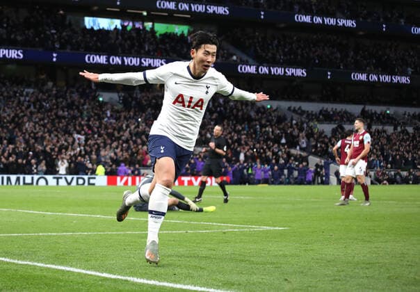 Heung-Min Son (TH) celebrates scoring the third Spurs goal 3-0, at the Tottenham Hotspur v Burnley English Premier League game at White Hart Lane Stadium, UK on December 7, 2019. **Editorial use only, license required for commercial use. No use in betting, games or a single club league player publications** 