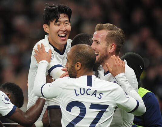 Football - 2019 2020 Premier League - Tottenham Hotspur vs. Burnley Heung - Min Son and Harry Kane celebrate goal no 5 (Scorer - Moussa Sissoko) at the Tottenham Hotspur Stadium. COLORSPORT ANDREW COWIE 