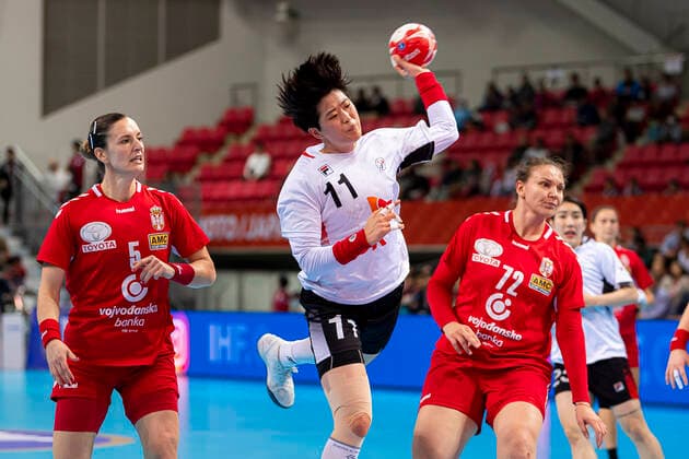 Handball, Womens World Cup 2019, Main Round, Group 1, 6 Matchday , Serbia Korea v li Jelena Trifunovic Serbia , Eun Hee Ryu Korea , Dragana Cvijic Serbia Kumamoto Aqua Dome Kumamoto Japan
