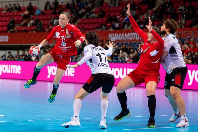 Handball, Women World Cup 2019, Main Round, Group 1, 6 Matchday , Serbia Korea v li Kristina Liscevic Serbia , Haein Sim Korea , Kumamoto Aqua Dome Kumamoto Japan