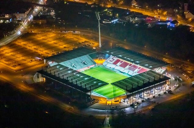 Aerial photo, Red and White Essen, Essen Stadium at Night, Bergeborbeck, Essen, Ruhr Area, North Rhine-Westphalia, Germany ACHTUNGxMINDESTHONORARx60xEURO