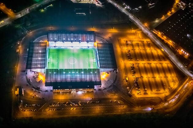 Aerial photo, Red and White Essen, Essen Stadium at Night, Bergeborbeck, Essen, Ruhr Area, North Rhine-Westphalia, Germany ACHTUNGxMINDESTHONORARx60xEURO
