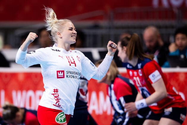 191208 Lotte Grigel of Denmark celebrates during the Women s World Handball Championship game between Norway and Denmark on December 8, 2019 in Kumamoto Photo Daniel Stiller Bildbyran kod DS 59420 bbeng dam women handball handboll world handball championship 2019 norway norge handball vm denmark danmark jubel,  Copyright: DANIELxSTILLER BB191208DS046