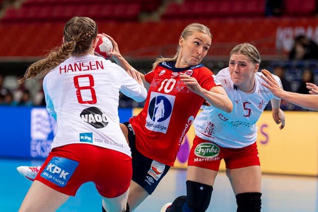 Handball, Women World Cup 2019, Main Round, Group 1, 6 Matchday , Norway Denmark v li Anne Mette Hansen Denmark , Stine Bredal Oftedal Norway , Sarah Iversen Denmark Kumamoto Aqua Dome Kumamoto Japan