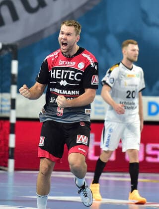 08 12 2019 Handball 1 Bundesliga LIQUI MOLY HBL Season 2019 2020 16 Matchday HC Erlangen Metropolregion Nürnberg HCE SC DHfK Leipzig OGo Petter Overby 9, HC Erlangen HCE Jubel Freude