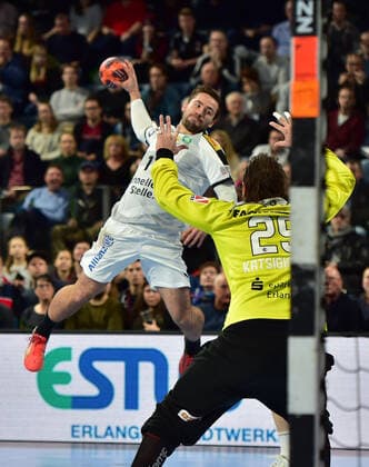 08 12 2019 Handball 1 Bundesliga LIQUI MOLY HBL Season 2019 2020 16 Matchday HC Erlangen Metropolitan Region Nuremberg HCE SC DHfK Leipzig OGo Lukas Binder 11, SC DHfK Leipzig Nikolas Katsigiannis 29, HC Erlangen HCE
