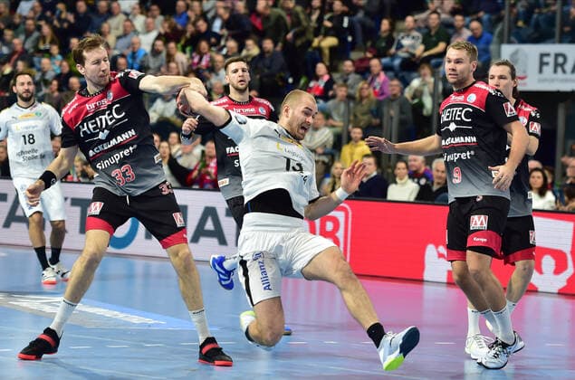 08 12 2019 Handball 1 Bundesliga LIQUI MOLY HBL Season 2019 2020 16 Matchday HC Erlangen Nuremberg Metropolitan Region HCE SC DHfK Leipzig OGo Nikolai Link 33, HC Erlangen HCE Maximilian Janke 13, SC DHfK Leipzig