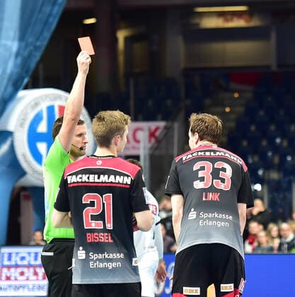 08 12 2019 Handball 1 Bundesliga LIQUI MOLY HBL Season 2019 2020 16 Matchday HC Erlangen Nuremberg Metropolitan Region HCE SC DHfK Leipzig OGo Nikolai Link 33, HC Erlangen HCE Red Card Red Rejection