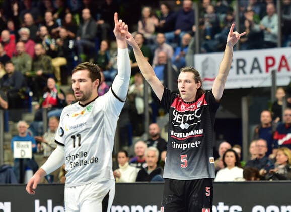 08 12 2019 Handball 1 Bundesliga LIQUI MOLY HBL Season 2019 2020 16 Matchday HC Erlangen Metropolitan Region Nuremberg HCE SC DHfK Leipzig OGo Lukas Binder 11, SC DHfK Leipzig Johannes Sellin 5, HC Erlangen HCE Jubel Freude