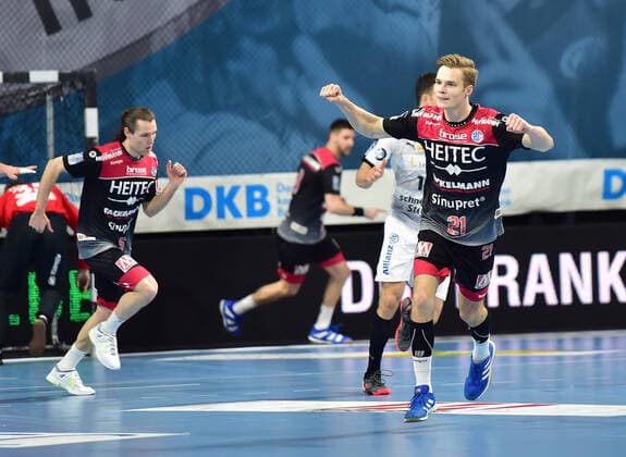 08 12 2019 Handball 1 Bundesliga LIQUI MOLY HBL Season 2019 2020 16 Matchday HC Erlangen Metropolitan Region Nuremberg HCE SC DHfK Leipzig OGo Christopher Bissel 21, HC Erlangen HCE Jubel Freude