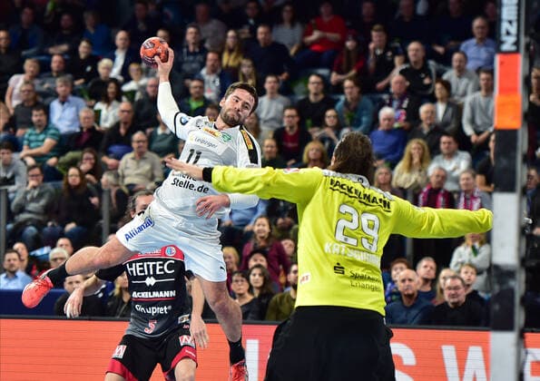 08 12 2019 Handball 1 Bundesliga LIQUI MOLY HBL Season 2019 2020 16 Matchday HC Erlangen Metropolitan Region Nuremberg HCE SC DHfK Leipzig OGo Lukas Binder 11, SC DHfK Leipzig Nikolas Katsigiannis 29, HC Erlangen HCE