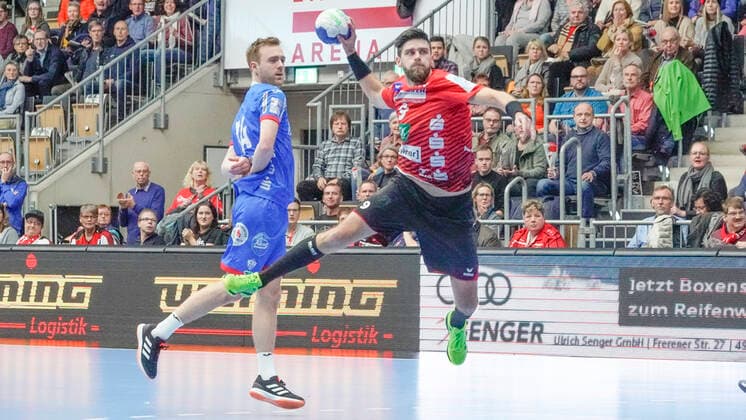 08 12 2019, Emslandarena, Lingen, GER, Handball, 1 Bundesliga HSG Nordhorn Lingen vs TBV Lemgo Lippe, Pavel Mickal HSG Nordhorn Lingen 9 and Bobby Schagen Lemgo 14 DFL REGULATIONS PROHIBIT ANY USE OF PHOTOGRAPHS AS IMAGE SEQUENCES AND OR QUASI VIDEO Lingen Lower Saxony Germany Emslandarena