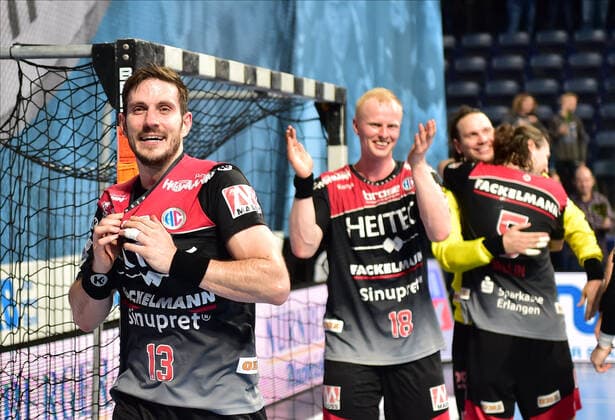 08 12 2019 Handball 1 Bundesliga LIQUI MOLY HBL Season 2019 2020 16 Matchday HC Erlangen Metropolitan Region Nuremberg HCE SC DHfK Leipzig OGo Michael Haaß Haass 13, HC Erlangen HCE Sebastian Firnhaber 18, HC Erlangen HCE Jubel Freude