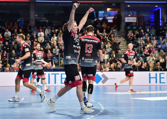 08 12 2019 Handball 1 Bundesliga LIQUI MOLY HBL Season 2019 2020 16 Matchday HC Erlangen Metropolregion Nürnberg HCE SC DHfK Leipzig OGo Johannes Sellin 5, HC Erlangen HCE Jubel Freude