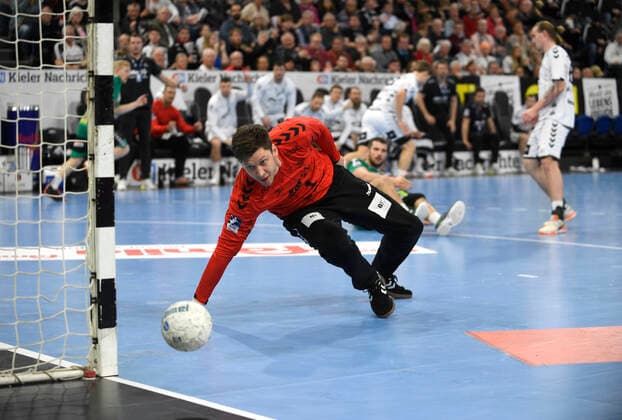 Niklas Landin Jacobsen THW Kiel, 1 turns the ball around the post, Handball Bundesliga, Liqui Moly HBL, Men, 16 Matchday, THW Kiel vs. GWD Minden, 08 12 19 Kiel Sparkassen Arena Schleswig Holstein Germany