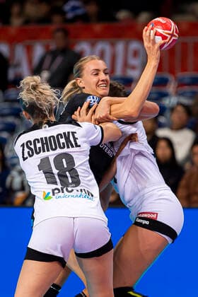 Handball, Womens World Cup 2019, Main Round, Group 1, 6 Matchday , Netherlands Germany v left in duel Mia Zschocke Germany Leverkusen , Lois Abbingh Netherlands , Alicia Stolle Germany Thuringer HC Kumamoto Aqua Dome Kumamoto Japan