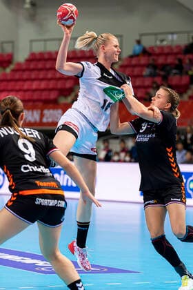 Handball, Womens World Cup 2019, Main Round, Group 1, 6 Matchday , Netherlands Germany v left in duel Kim Naidzinavicius Germany Bietigheim and Merel Freriks Netherlands Kumamoto Aqua Dome Kumamoto Japan