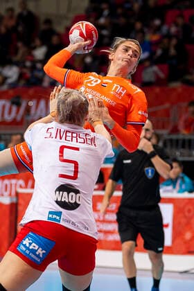 Handball, Womens World Cup 2019, Main Round, Group 1, 7 Matchday , Denmark Netherlands v left in duel Sarah Iversen Denmark and Estavana Polman Netherlands Kumamoto Aqua Dome Kumamoto Japan