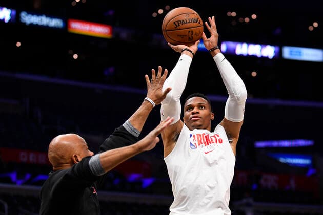 LOS ANGELES, CA - NOVEMBER 22: Houston Rockets Guard Russell Westbrook (0) works out with assistant coach John Lucas before a NBA, Basketball Herren, USA game between the Houston Rockets and the Los Angeles Clippers on November 22, 2019 at STAPLES Center in Los Angeles, CA. (Photo by Brian Rothmuller Icon Sportswire) NBA: NOV 22 Rockets at Clippers Icon191122096