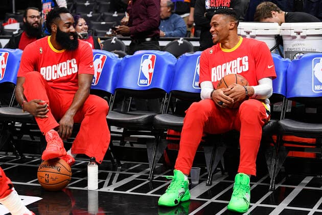 LOS ANGELES, CA - NOVEMBER 22: Houston Rockets Guard James Harden (13) and Houston Rockets Guard Russell Westbrook (0) joke around before a NBA, Basketball Herren, USA game between the Houston Rockets and the Los Angeles Clippers on November 22, 2019 at STAPLES Center in Los Angeles, CA. (Photo by Brian Rothmuller Icon Sportswire) NBA: NOV 22 Rockets at Clippers Icon191122106