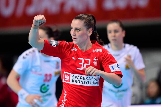Mie Hoejlund cheers after scoring in the handball match, in the Group 1 intermediate round, between Serbia and Denmark during the Womens Handball World Cup in Aqua Dome Kumamoto in Japan, Wednesday, December 11, 2019, Kumamoto Denmark,  Copyright: BoxAmstrupx COP222 spdk20191211-100813-L
