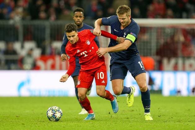 l r in duel, action, with Philippe Coutinho 10 FC Bayern Muenchen and Erik Dier 15 Tottenham Hotspur , FC Bayern Muenchen vs Tottenham Hotspur, football, preliminary round, Champions League, 11 12 2019 Muenchen Bayern Germany Copyright: xkolbert-press ChristianxKolbertx