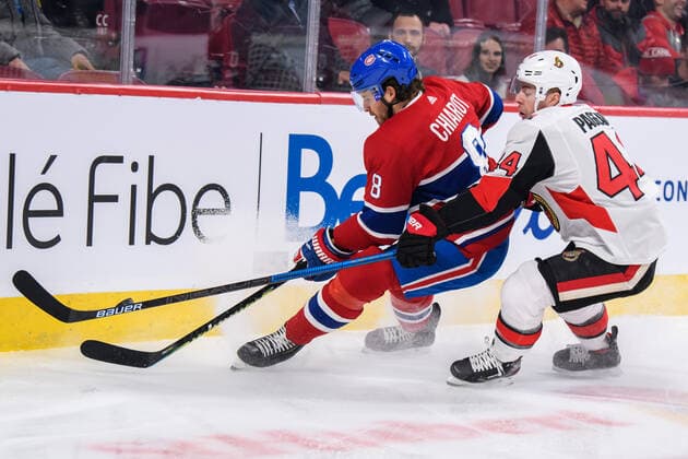 MONTREAL, QC - DECEMBER 11: Ben Chiarot (8) of the Montreal Canadiens and Jean-Gabriel Pageau (44) of the Ottawa Senators battle for possession of the puck during the first period of the NHL, Eishockey Herren, USA game between the Ottawa Senators and the Montreal Canadiens on December 11, 2019, at the Bell Centre in Montreal, QC (Photo by Vincent Ethier Icon Sportswire) NHL: DEC 11 Senators at Canadiens Icon1912110387