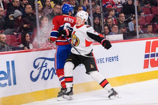 MONTREAL, QC - DECEMBER 11: Brady Tkachuk (7) of the Ottawa Senators checks Shea Weber (6) of the Montreal Canadiens into the board during the first period of the NHL, Eishockey Herren, USA game between the Ottawa Senators and the Montreal Canadiens on December 11, 2019, at the Bell Centre in Montreal, QC (Photo by Vincent Ethier Icon Sportswire) NHL: DEC 11 Senators at Canadiens Icon1912110789