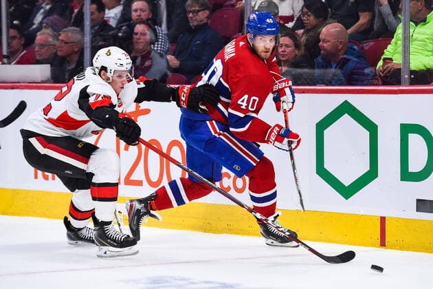 December 10, 2019: Montreal Canadiens right wing Joel Armia (40) passes the puk while under pressure from Ottawa Senators defenceman Thomas Chabot (72) during the Ottawa Senators versus the Montreal Canadiens game at Bell Centre in Montreal, Quebec. CSM NHL, Eishockey Herren, USA 2019: Senators vs Canadiens DEC 10 - ZUMAc04_ 20191211_zaf_c04_090 Copyright: xDavidxKirouacx