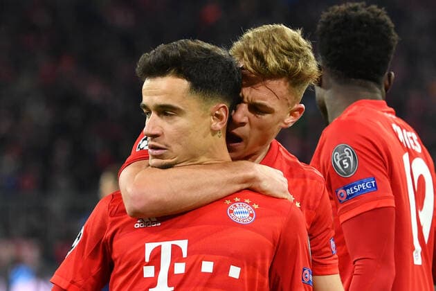 Goal celebration Philippe COUTINHO Bayern Muenchen after goal to 3 1, action, jubilation, joy, enthusiasm with Joshua KIMMICH Bayern Muenchen FC Bayern Muenchen Tottenham Hotspur 3 1, football Champions League, Group B, group phase, 6 game day, on 11 12 2019 A L L I A N Z A R E N A DFL REGULATIONS PROHIBIT ANY USE OF PHOTOGRAPHS AS IMAGE SEQUENCES AND OR QUASI VIDEO